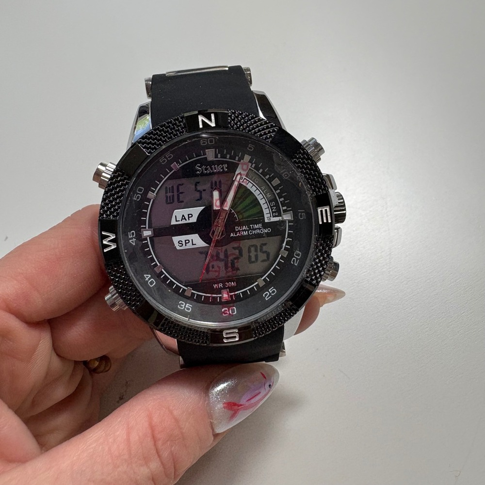 Stauer 30827 Mens Hybrid Analog Digital Watch Black Silicone Strap Dual Time